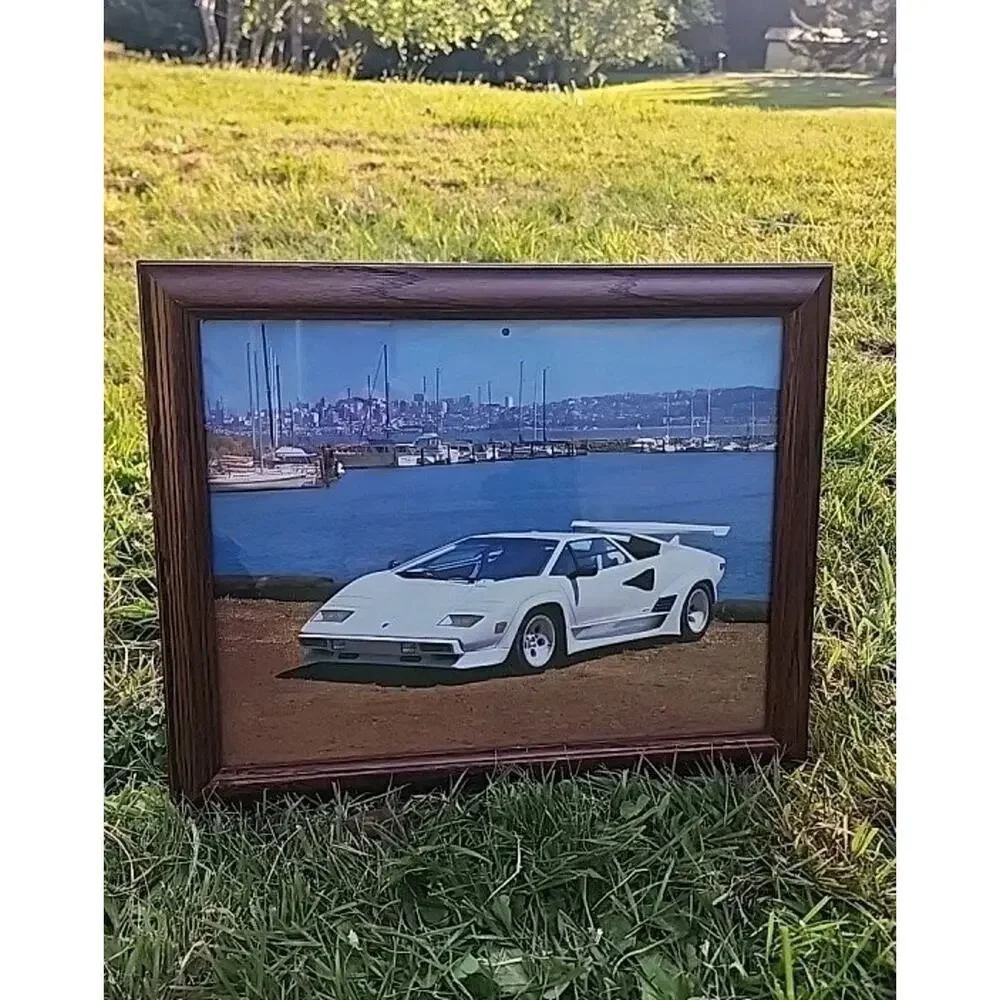 VINTAGE 1989 WHITE LAMBORGHINI COUNTACH WOODEN FRAMED PRINT